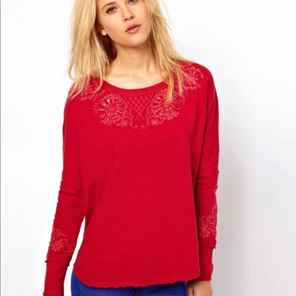 FREE PEOPLE embroidered sweater open back long sleeve top